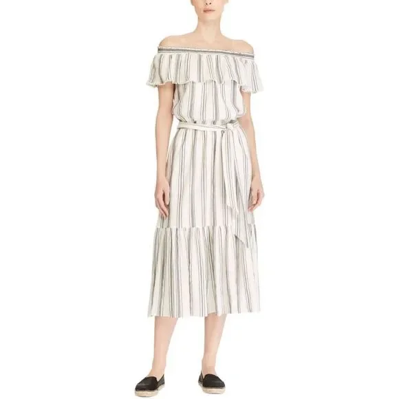 Lauren Ralph Lauren Black White Stripe Midi Summer Dress Women’s Size 6 Small - Picture 2 of 8
